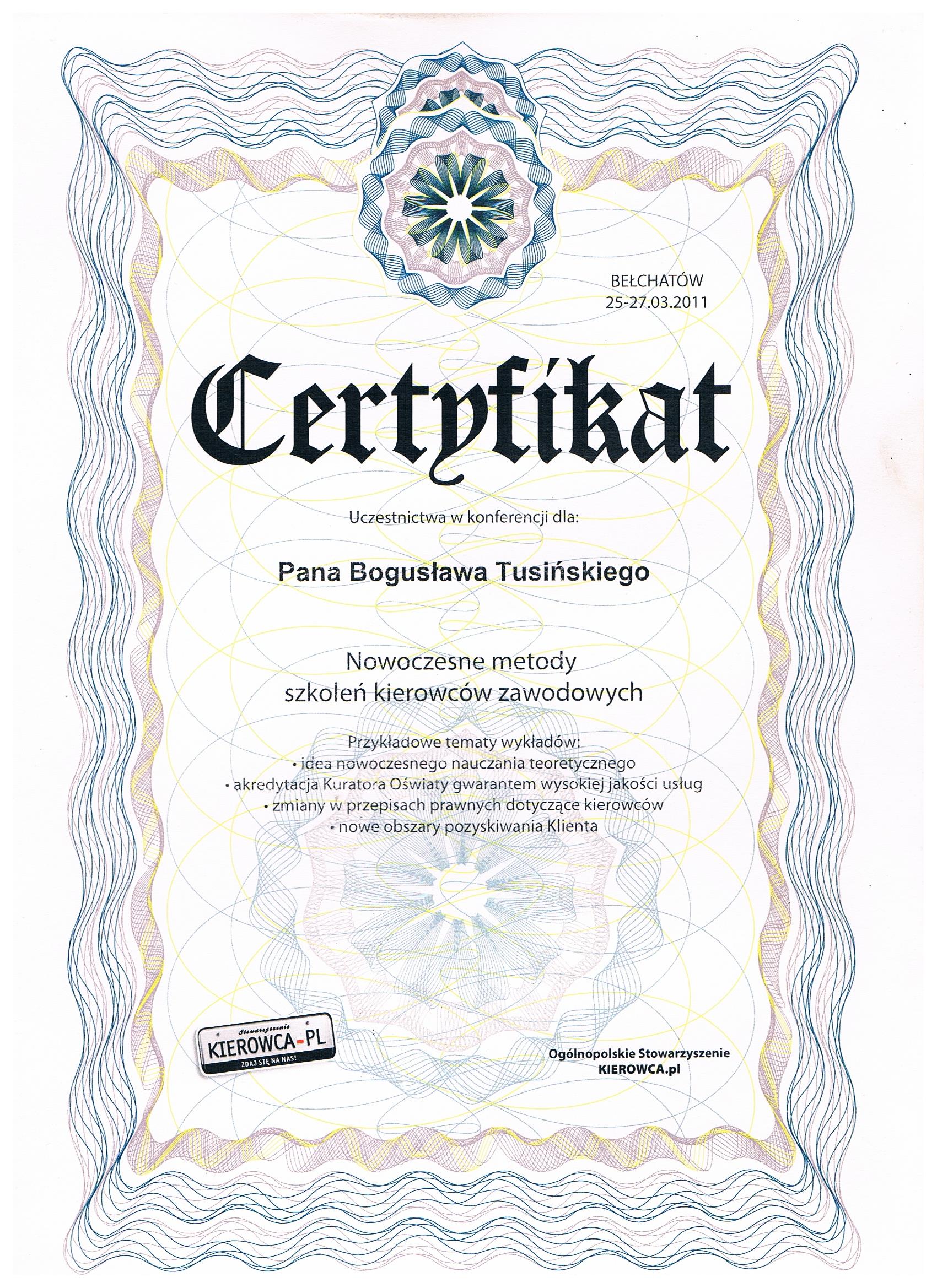 Certyfikat Ośrodka Szkolenia Kierowców w Bielawie